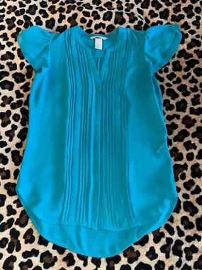 H&M Teal Pintuck Cap-Sleeve Blouse